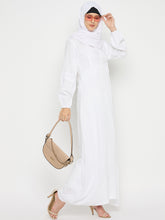 White Rayon V-Neck Solid Abaya with Black Hijab